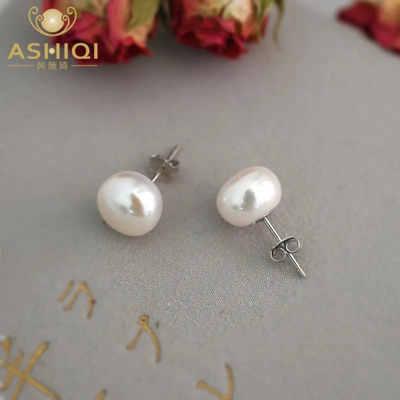 ASHIQI Natural Freshwater Pearl Stud Earrings Jewelry