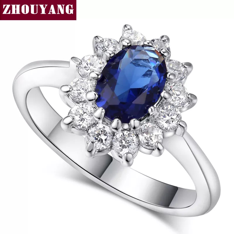 ZHOUYANG Princess Kate Blue Gem Created Crystal Ring Jewelry