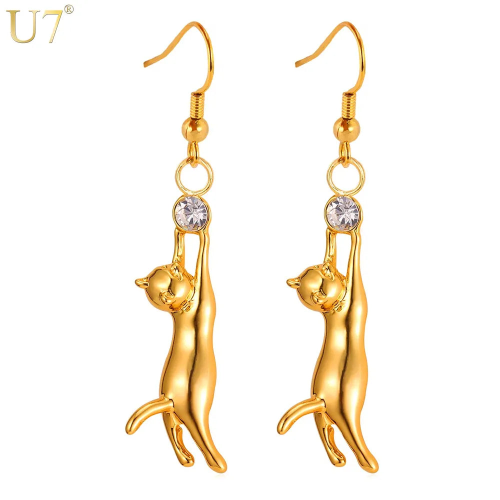 U7 3D Cute Cat Dangle Earring White Rhinestone Jewelry