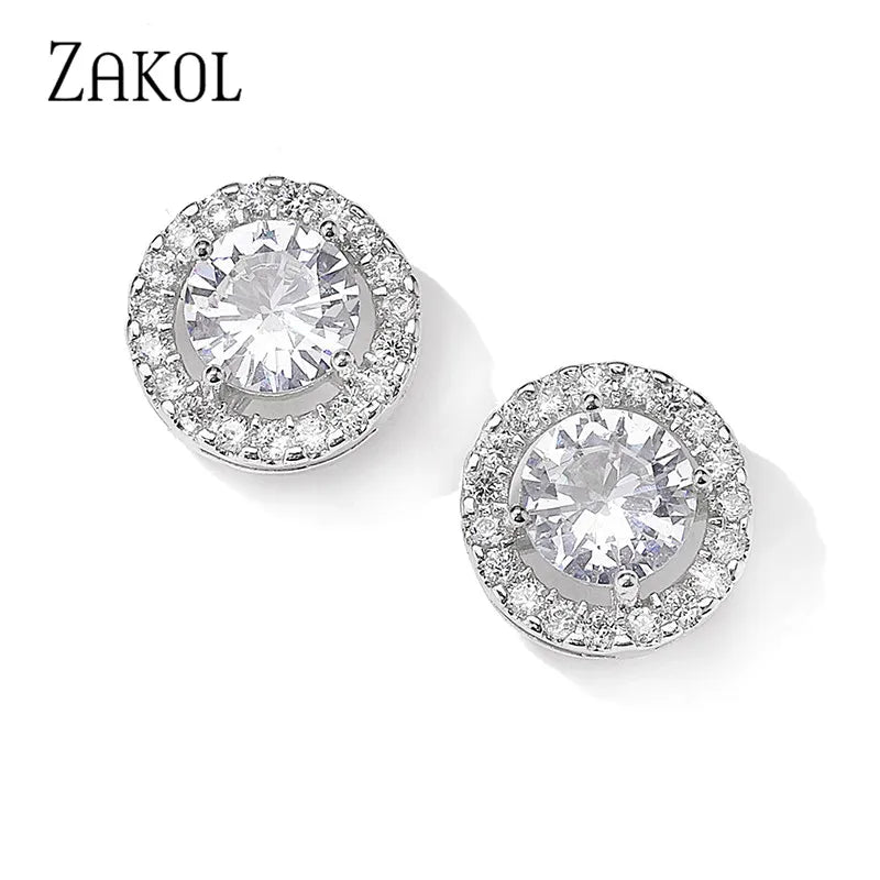 ZAKOL Fashion White Color Earrings Elegant Crystal Round Jewelry