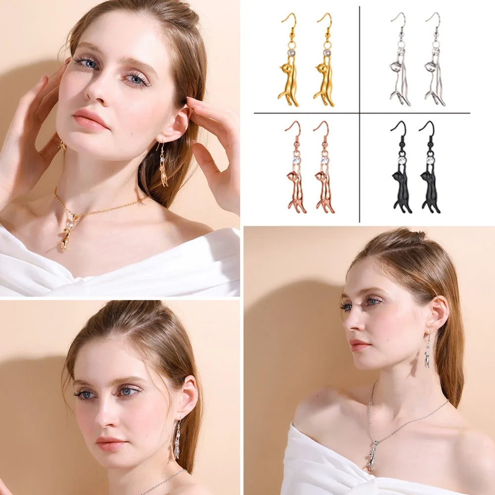 U7 3D Cute Cat Dangle Earring White Rhinestone Jewelry