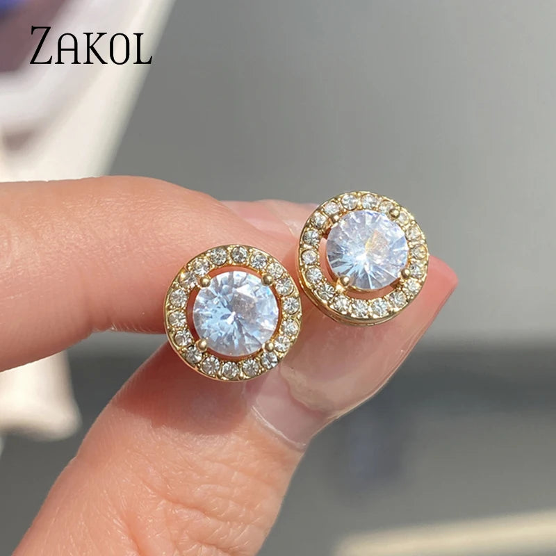 ZAKOL Fashion White Color Earrings Elegant Crystal Round Jewelry